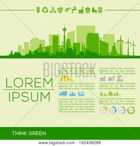 Vector ecological illustration with downtown district and infographics