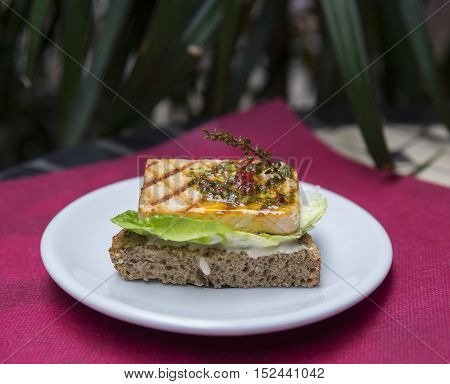 Closeup of sandwich with grilled tofu and spices