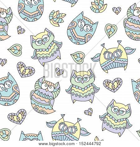vector seamless pattern of cute ornamental owls, texture for fabric or paper print, souvenirs or babys products