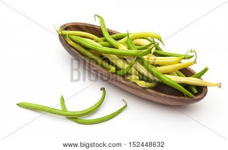 Harvest of asparagus siliculose yellow and green beans. Isolated on white  