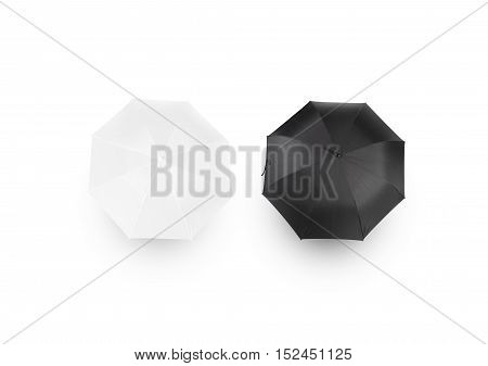 Black and white umbrella mockups, isolated, top view, clipping path. Parasol surface design mock up set. Plain bumbershot shape template. Clear opened umbel from above. Gingham accessory blanding atop