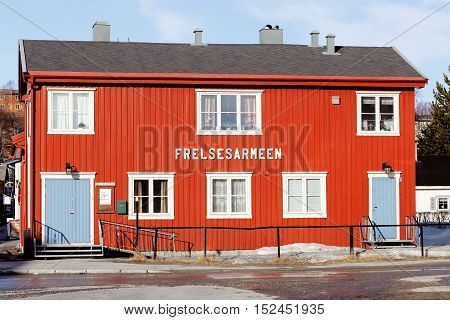 Roros, Norway - March 13, 2015: Exterior of the front of the Salvation Army red building in Roros center.