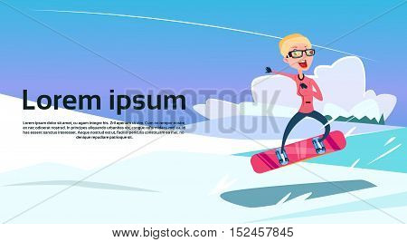 Woman On Hold Snowboard Winter Activity Sport Vacation Snow Mountain Slope Flat Vector Illustration