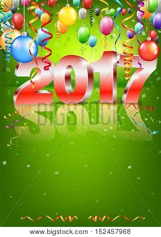 Happy New Year 2017 bright green vertical a4 greeting card with 3D glossy numbers and balloons. Vector template