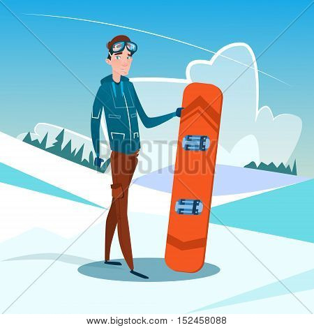 Man Standing Hold Snowboard Winter Activity Sport Vacation Snow Mountain Slope Flat Vector Illustration