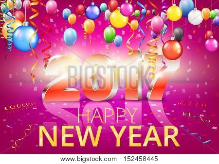 Happy New Year 2017 bright red purple colored greeting card with 3D glossy numbers and balloons. Vector template