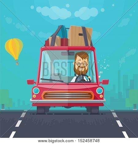 Trendy flat design vehicle sedan car rides on a car journey sing cheerful driver vector illustrations