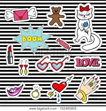 Cute fashion patch badges with lips, heart, cat, ring, sweet, teddy bear and other elements. Trendy, modern design. Set of doodle stickers, pins, in cartoon 80s-90s comic style