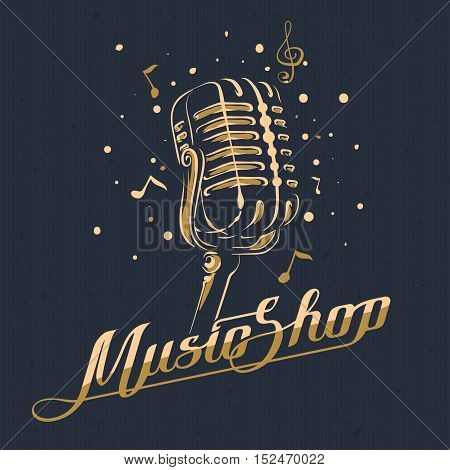 Retro vintage microphone with notes a music shop Vector illustration