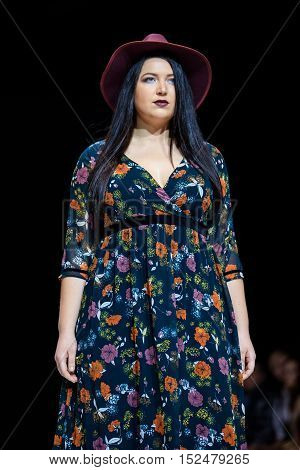 MOSCOW RUSSIA - OCTOBER 19 2016: Plus size model walk runway for LA REDOUTE & PLUS-SIZE MOSCOW catwalk at Spring-summer 2017 Moscow Fashion Week.