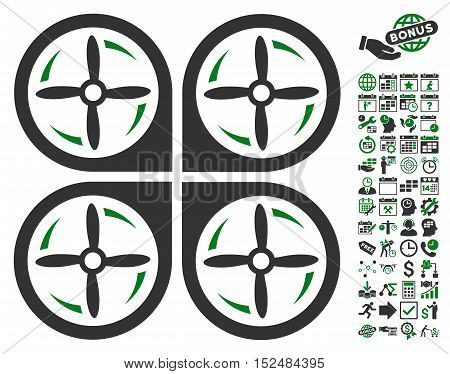 Quadrotor Screws Rotation icon with bonus calendar and time management symbols. Vector illustration style is flat iconic symbols, green and gray colors, white background.
