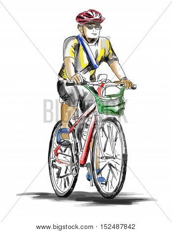 Hand drawn sketch of a man rides on a mountain bike or bicycle.
