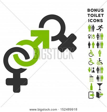 Faith Breach icon and bonus male and woman lavatory symbols. Vector illustration style is flat iconic bicolor symbols, eco green and gray colors, white background.