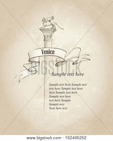 Venice label. St Mark's Square symbol, Venice, Italy. Old-fashioned background with copy space. Hand drawn sketch illustration of italian landmark.