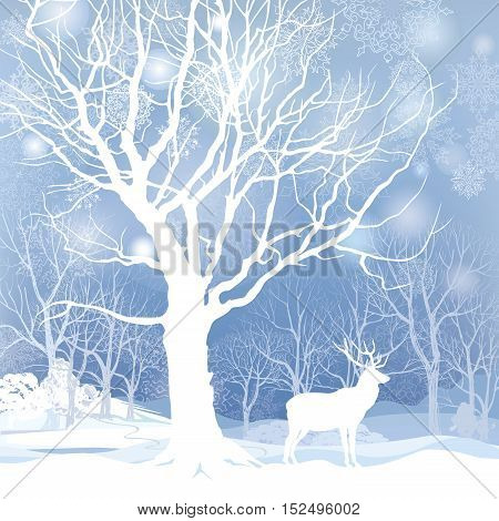 Snow winter landscape with animal deer. Nature illustration of winter forest. Snow winter background.