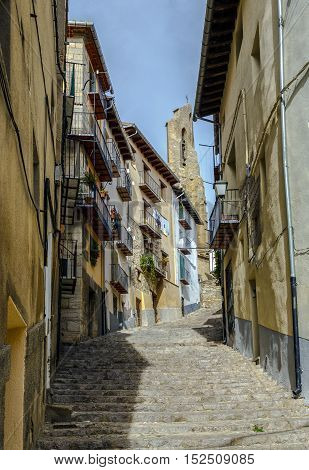 steep and stepped streets of Maestrazgo Morella Castellon province of Valencia Spain