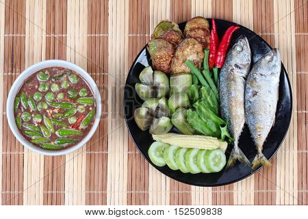 Thai local popular food as spicy shrimp paste dip ,