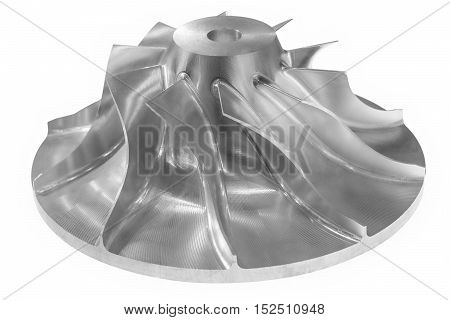 Single-stage air compressor rotor. High-precision metal. Isolated on white background. Small depth of field