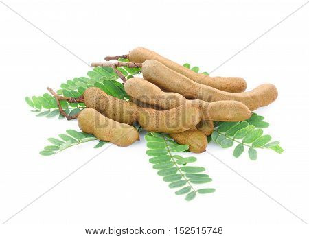 fresh tamarind with leaves isolated on white