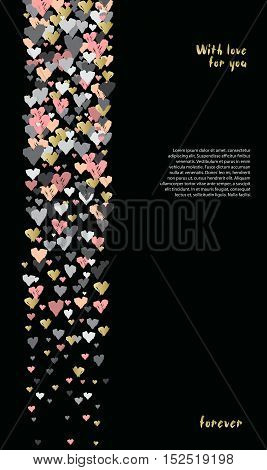 Dark vertical design with hearts confetti on black background. Romantic trendy heart frame. Valentine day design for love card valentine day greetings. Vector illustration stock vector.