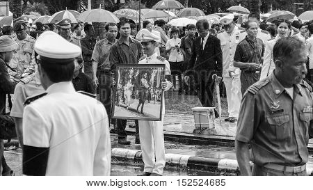 KRABI THAILAND - OCTOBER 19 2016: Krabi official pay respect to the deceased King Bhumibol Adulyadej at Krabi Provincial Hall on October 19 2016 in Krabi Thailand.