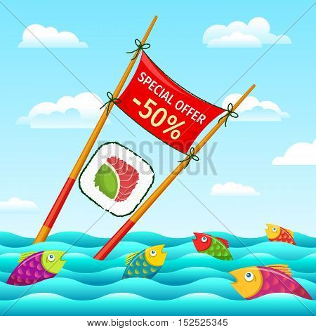 Vector cartoon template sushi roll banner in food sticks on sky and fish in sea background