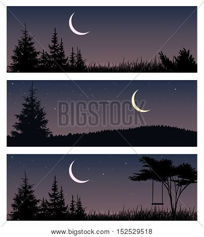 Set of night landscapes with new moon and trees. Horizontal vector illustrations.