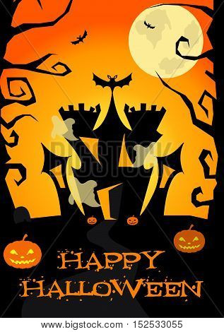 Halloween poster with castle, ghosts, pumpkins, trees bats, Jack-o lantern