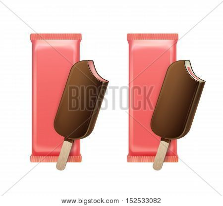Vector Strawberry Bitten Popsicle Choc-ice Lollipop Ice Cream in Chocolate Glaze on Stick with Filling with Pink Plastic Wrapper for Branding Package Design Close up Isolated on Background.