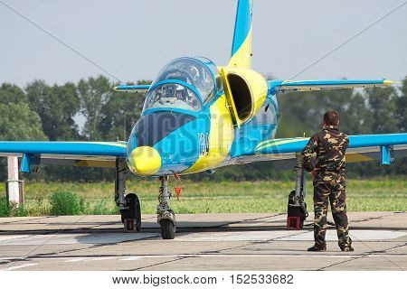 Vasilkov Ukraine - August 3 2012: Ukrainian Air Force Aero L-39 Albatros in national colors is preparing for a training flight