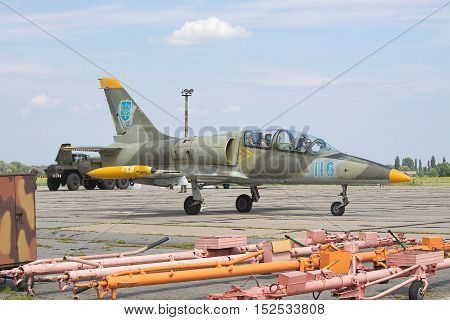 Vasilkov Ukraine - August 3 2012: Ukrainian Air Force Aero L-39 Albatros in camouflage painting is preparing for a training flight
