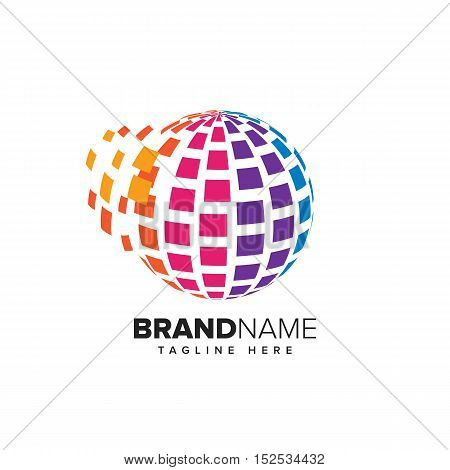Stylized globe with pixels in motion. This logo is suitable for global company, world technologies and media agencies