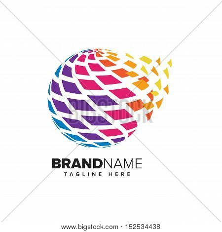 Stylized globe with pixels in motion. This logo is suitable for global company, world technologies and media agencies