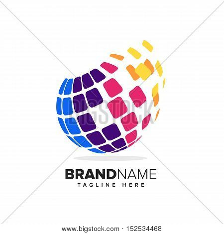 Stylized globe with pixels in motion. This logo is suitable for global company, world technologies and media agencies