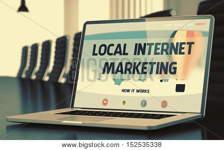 Local Internet Marketing on Landing Page of Mobile Computer Display. Closeup View. Modern Conference Room Background. Toned Image. Blurred Background. 3D Render.