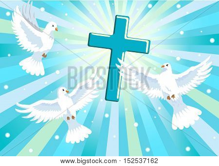three doves and cross in blue sky