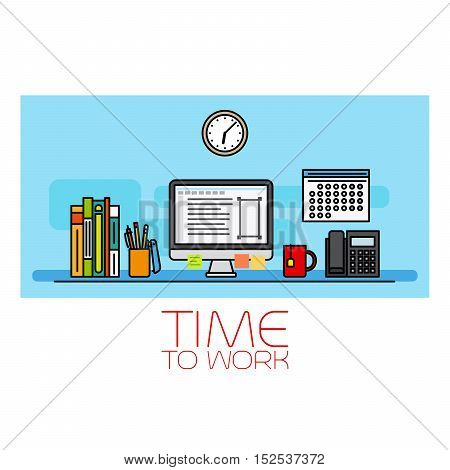 Time to work horizontal banner with wall clock and computer vecrot illustration
