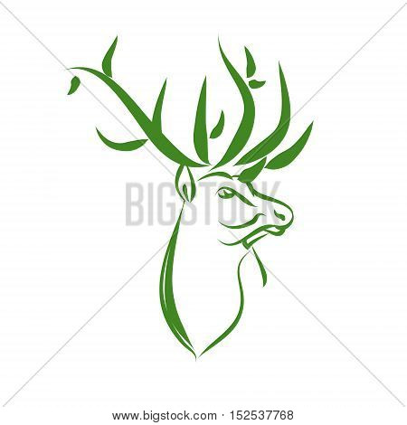 Green deer logo zoo protection. A symbol of nature - a deer head with large horns. Vector illustration on white background