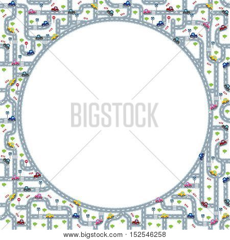 Funny round frame or border of roads, grass areas and cars. Children vector illustration or background. Design template