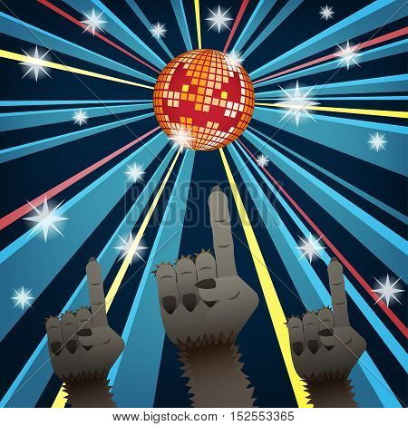 Halloween disco party with hands of werewolves group dancing under jack o lantern mirror ball