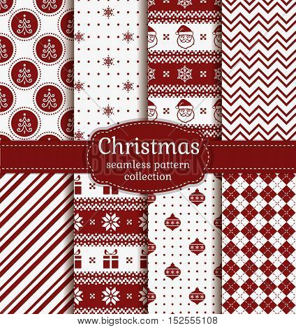 Merry Christmas and Happy New Year! Set of red and white seamless backgrounds with holiday symbols: Santa christmas tree snowflakes christmas balls gifts and abstract patterns. Vector collection.