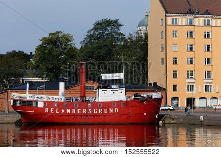 HELSINKI, FINLAND - AUGUST 21, 2016: Cafe on the retro lightship Relandersgrund at the North Beach. The ship was built in 1886-1888, but since 1990s used as cafe
