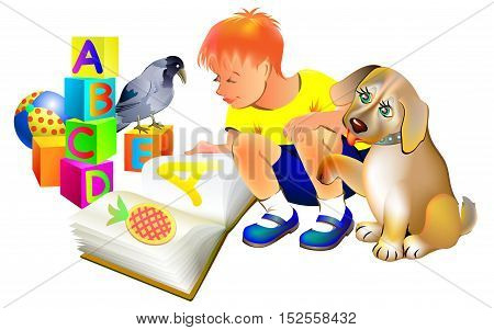 Illustration of boy reading a book with a puppy, vector cartoon image.