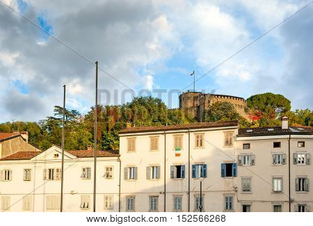 Gorizia the ancient castle seen from piazza della Vittoria. Friuli Venezia Giulia Italy