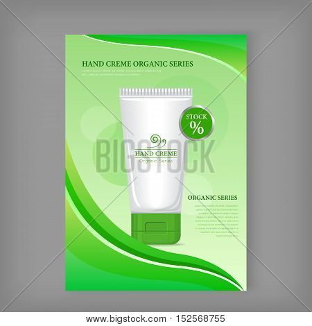 Hand cream organic series. Plastic tube for cosmetics on green background. Realistic vector illustration.