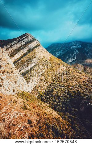 Wonderful view to mountains landscape on sunset, Old Bar, Montenegro, Europe. Beauty world concept. Maglic nature. European travel. Text place, copy space.