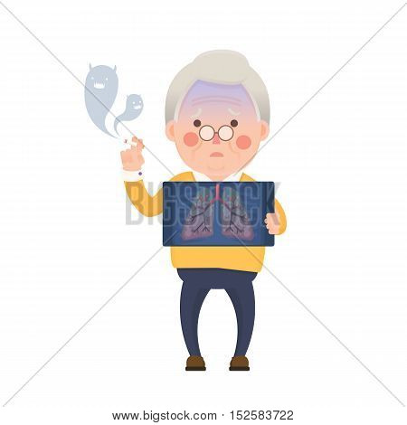 Vector Illustration of Old Man Smoking Cigarette While Holding X-ray Image Showing Lung Pulmonary Emphysema Problem, Cartoon Character, Devil Smoke