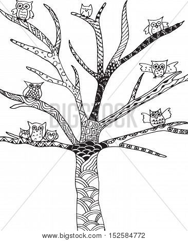 Doodle, zentangle, cute and funny owls tree.