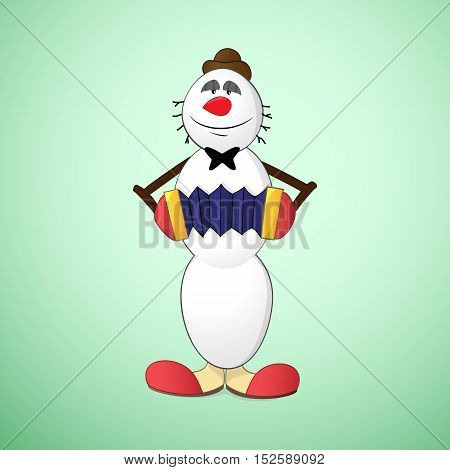 Snowman clown in hat and funny boots playing accordion