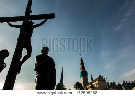 Czestochowa Poland - October 15 2016: United Atonement all-day prayer meeting people from all over Polish who repented of his sins and his compatriots before the top Jasna Gora. Tender: Leave the comfortable chairs and go ...!